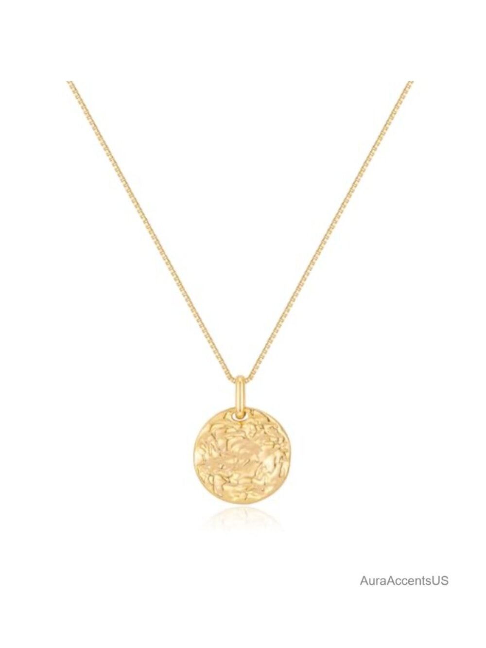 Hammered Disc Pendant Necklace 14K Gold Plated Brass Adjustable 18.5in